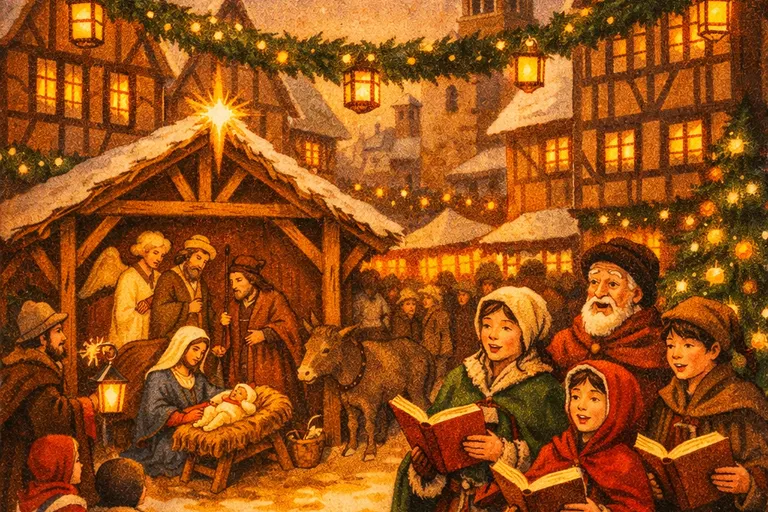 Medieval Christmas celebration in a European town square with nativity scene and carolers