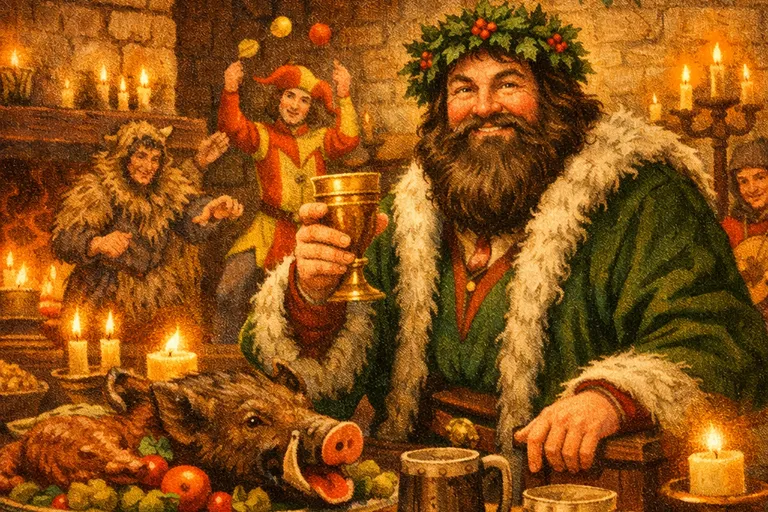 Medieval Father Christmas presiding over a festive banquet hall with mummers and a table of roasted meats
