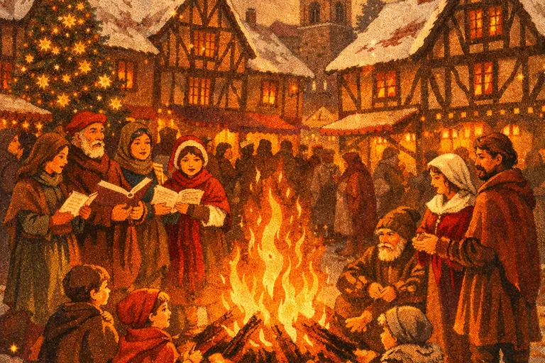 Medieval French village Christmas celebration with villagers singing carols around a bonfire