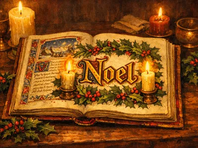 Medieval illuminated manuscript showing the word Noel in gold lettering with holly and candles