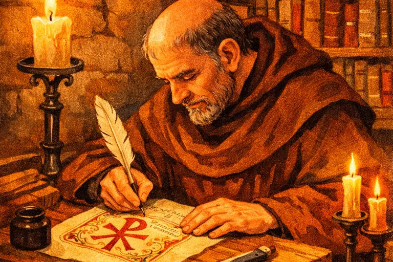 Medieval monk writing a Chi Rho abbreviation on parchment in a monastery scriptorium