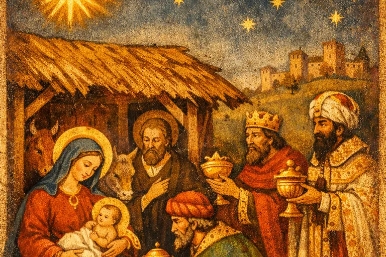 Medieval-style depiction of the Star of Bethlehem as a comet above the Nativity scene