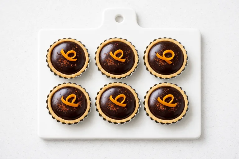 Mini chocolate orange tarts with glossy dark ganache and candied orange peel on a white ceramic board