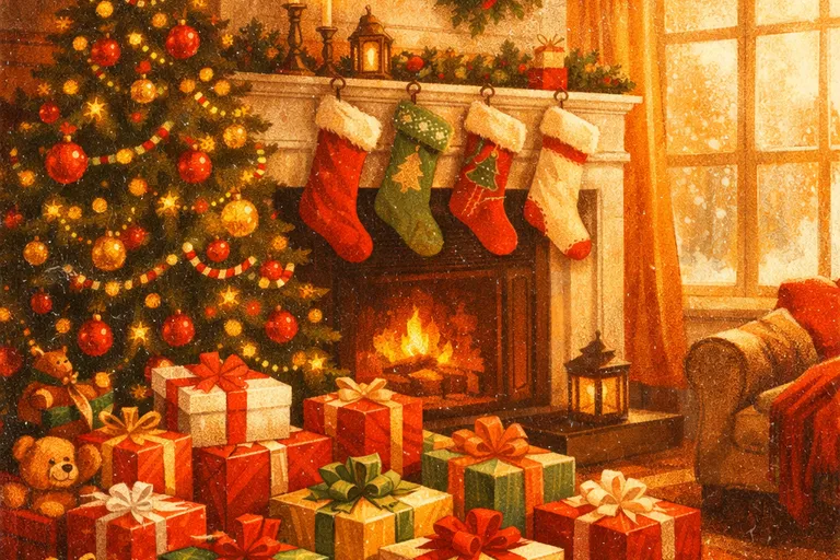 Modern Christmas morning with wrapped gifts under a tree and stockings on the mantle