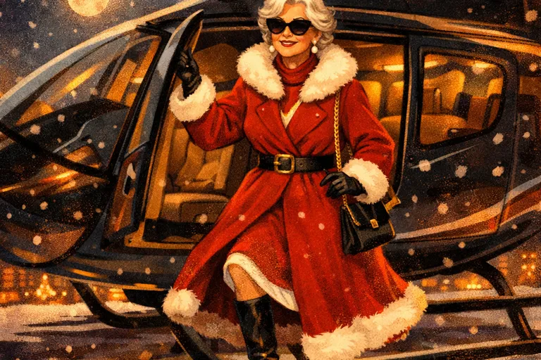 Modern Mrs. Claus stepping out of a helicopter on a snowy rooftop at night