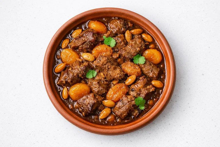 Moroccan lamb tagine with apricots and almonds in a terracotta dish