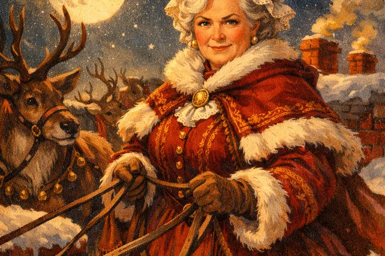 Mrs. Claus confidently holding reindeer reins on a snowy Victorian rooftop