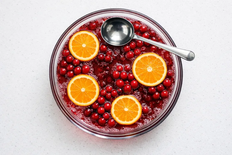 Non-alcoholic Christmas punch in a glass punch bowl with cranberry and orange slices