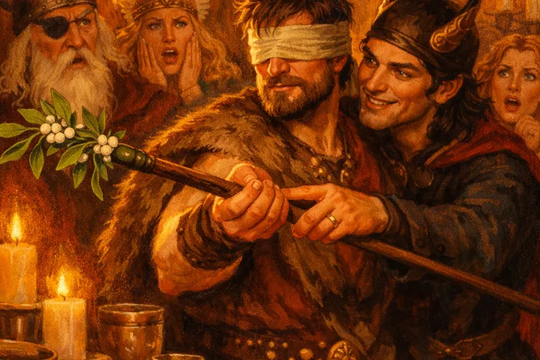 Norse mythology scene depicting Loki guiding blind god Hodr to throw a mistletoe spear at Baldur