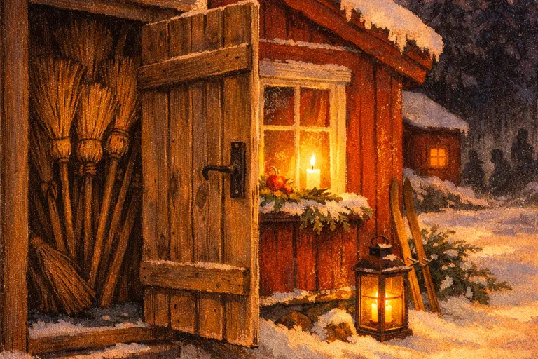 Norwegian farmhouse on Christmas Eve with brooms hidden behind a door and a candle in the window