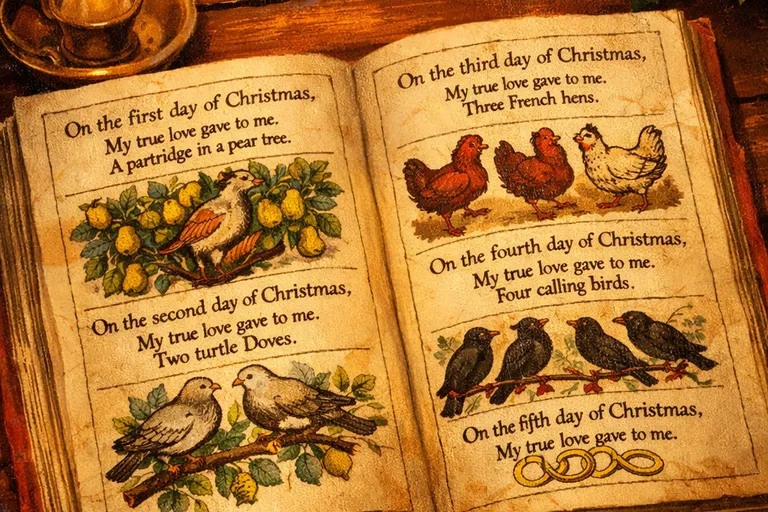 Open 18th-century children's book showing illustrated Twelve Days of Christmas verses