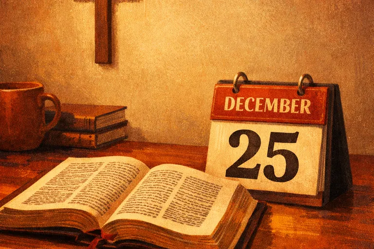 Open Bible on a desk with December 25 calendar and no Christmas decorations