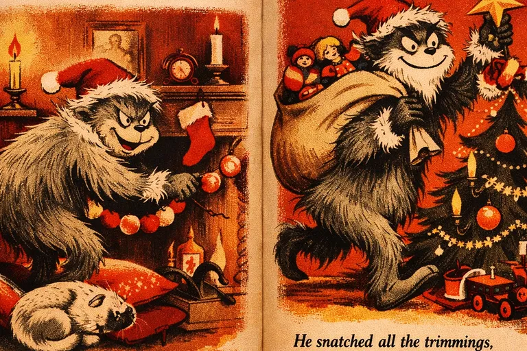 Original 1957 Dr. Seuss illustration of the Grinch in black, white, and red