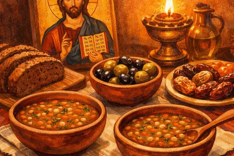 Orthodox Nativity Fast meal with lentils, bread, and olives