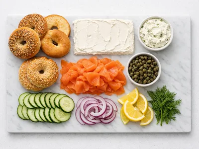 Overhead flat-lay of a smoked salmon bagel bar spread with sliced bagels, smoked salmon, cream cheese, capers, red onion, and cucumber arranged on a white board