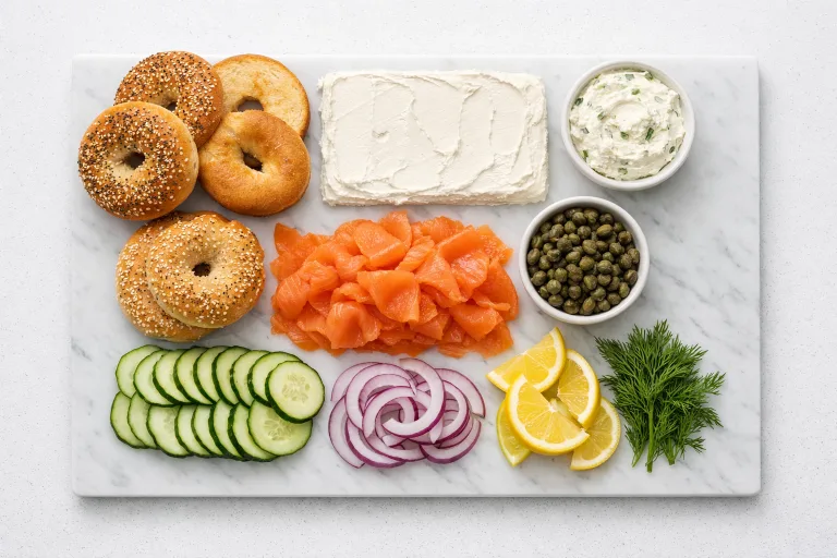 Overhead flat-lay of a smoked salmon bagel bar spread with sliced bagels, smoked salmon, cream cheese, capers, red onion, and cucumber arranged on a white board
