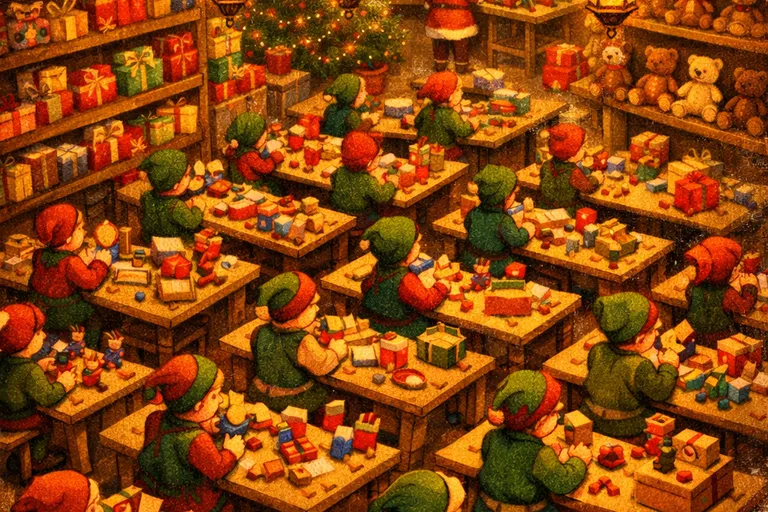 Overhead view of Santa's busy North Pole toy workshop filled with elves