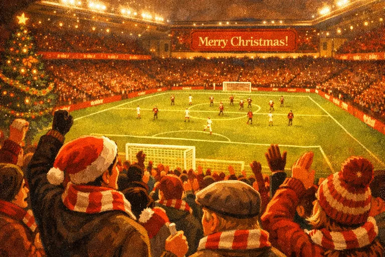 Packed Premier League stadium on Boxing Day with fans in winter gear