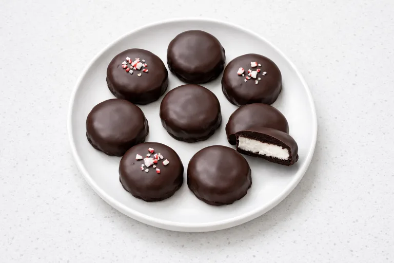 Paleo peppermint patties coated in dark chocolate on a white ceramic plate