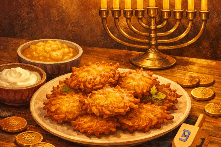 Plate of golden latkes with applesauce, chocolate gelt coins, and dreidel on a table