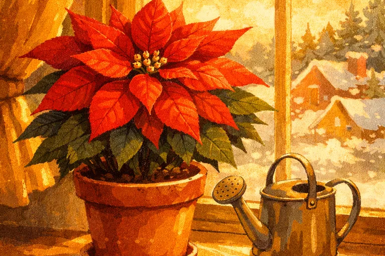 Poinsettia in a terracotta pot on a sunny windowsill with a watering can