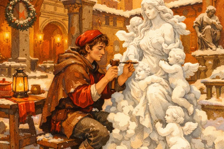 Renaissance courtyard scene depicting Michelangelo sculpting a snowman in Florence