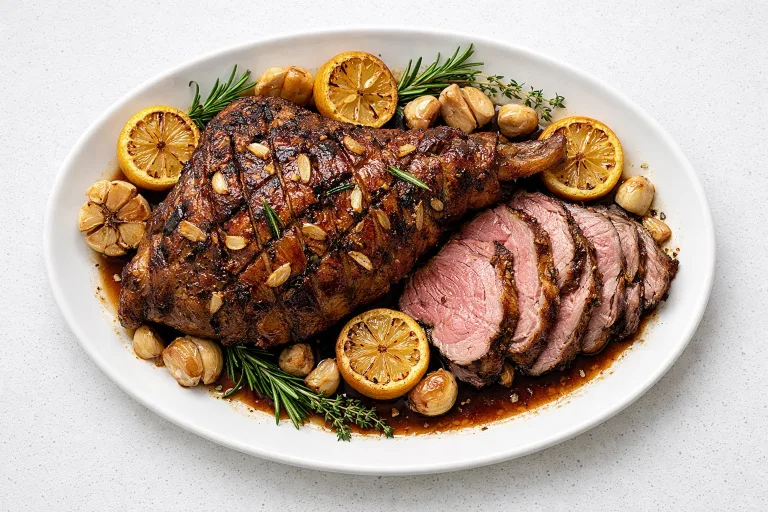 Roast leg of lamb with garlic, rosemary, and lemon on a white serving platter