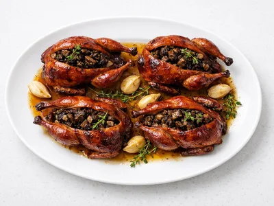 Roast quail for Christmas on a white oval platter with wild mushroom stuffing and thyme
