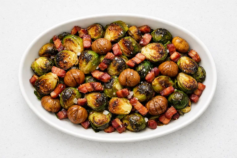 Roasted Brussels sprouts with crispy bacon and chestnuts in a white serving dish