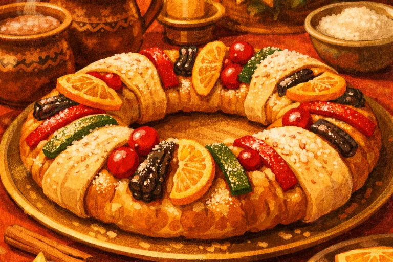 Rosca de Reyes bread decorated with dried fruits on a festive table
