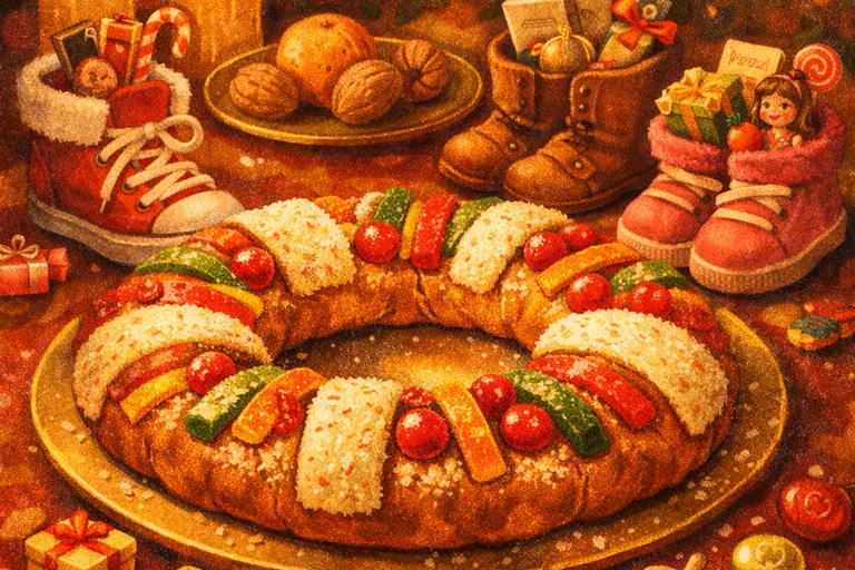 Rosca de Reyes cake with candied fruits beside children's shoes filled with Three Kings Day gifts