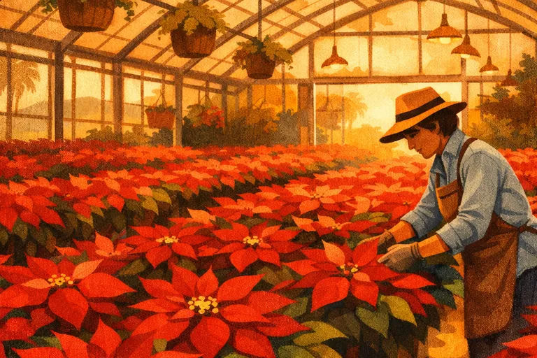 Rows of poinsettias in a California greenhouse