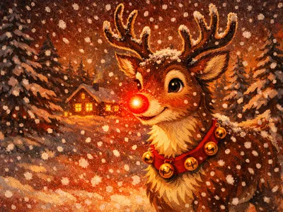 Rudolph the red-nosed reindeer glowing in a snowy winter night