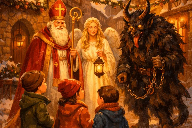 Saint Nicholas, an angel, and Krampus visiting children on a European street