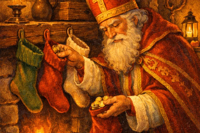 Saint Nicholas placing gold coins into stockings by a medieval fireplace