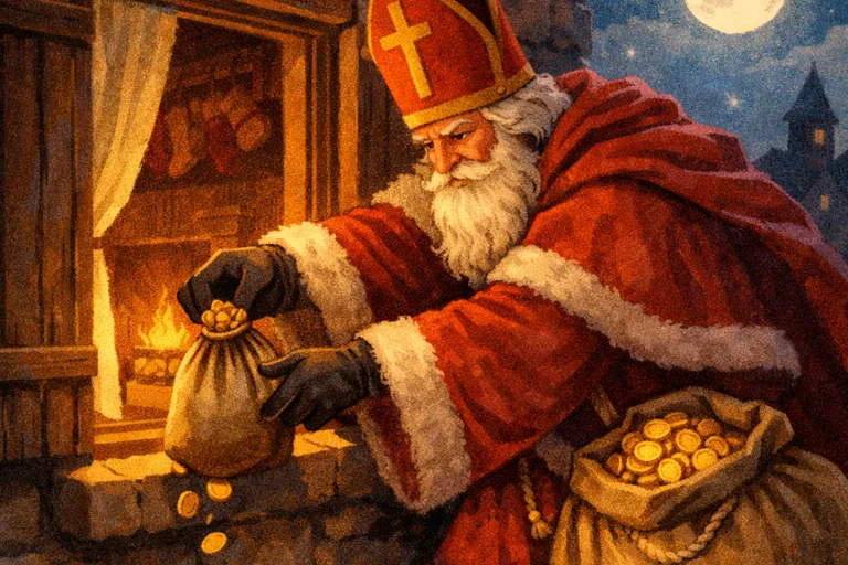 Saint Nicholas secretly dropping a bag of gold through a window at night