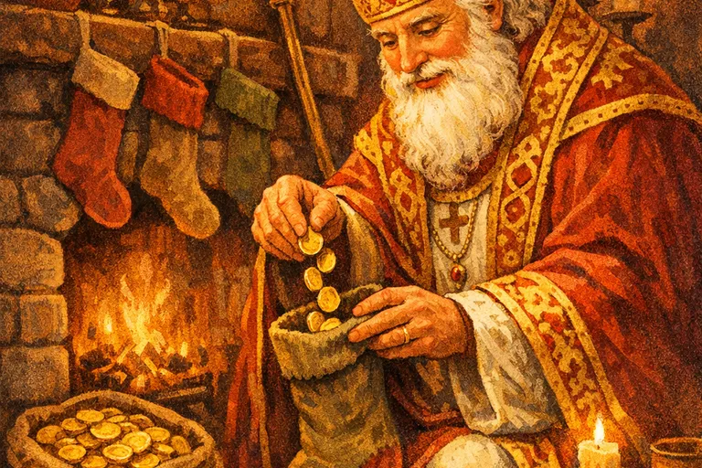 Saint Nicholas placing gold coins in a stocking by a medieval fireplace