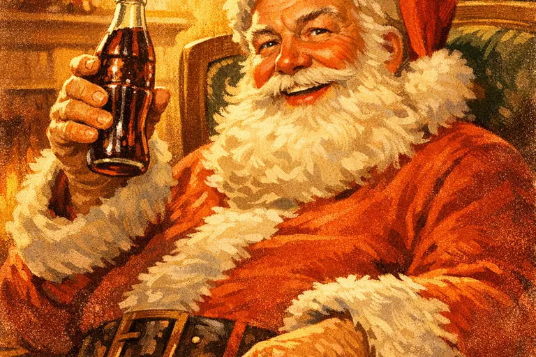 Vintage 1930s advertising-style Santa Claus holding a cola bottle