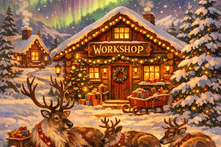 Snowy Arctic village with Santa's workshop under the northern lights
