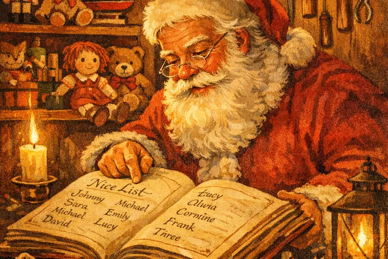 Santa Claus checking his list of children in a candlelit toy workshop