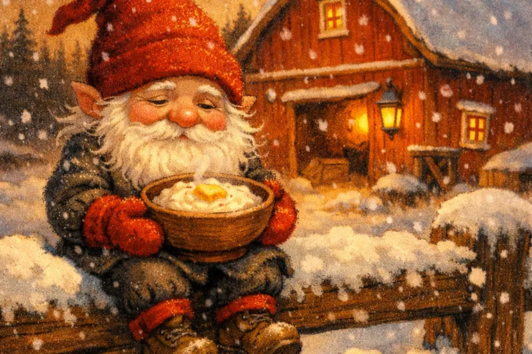 Scandinavian tomte with a bowl of porridge outside a Nordic barn