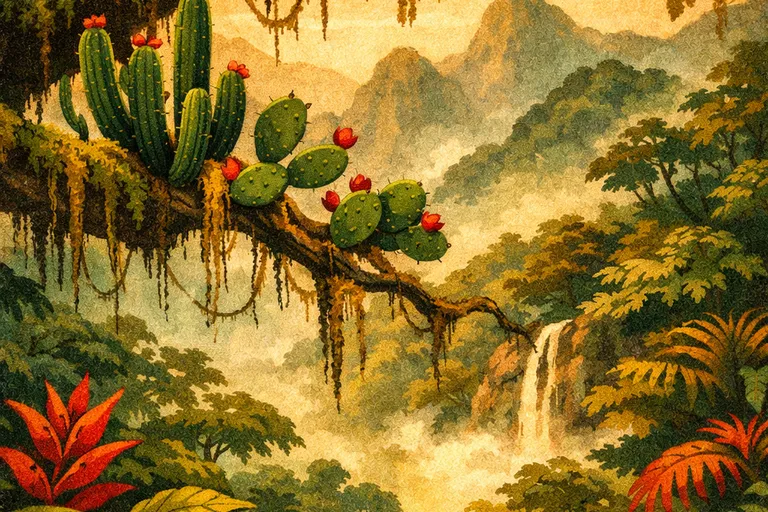 Schlumbergera cactus growing on tree branches in its native Brazilian cloud forest