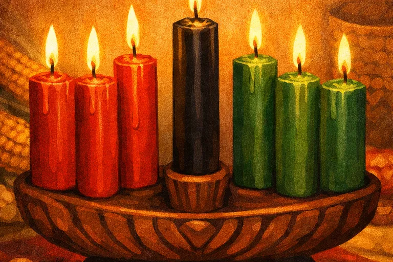 Seven Kwanzaa candles in kinara showing red, black, and green arrangement