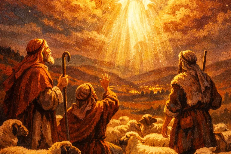 Shepherds on a hillside receiving the angelic announcement of Jesus' birth