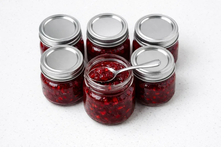 Six jars of homemade Christmas jam with deep ruby-red cranberry color, one jar open with a spoon showing the thick glossy texture