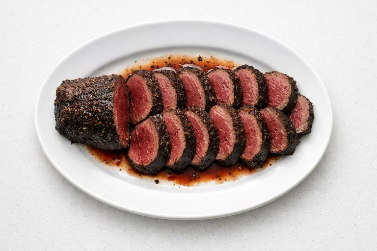 Sliced Christmas venison loin roast on a white platter, showing a red-pink interior with a dark juniper and herb crust