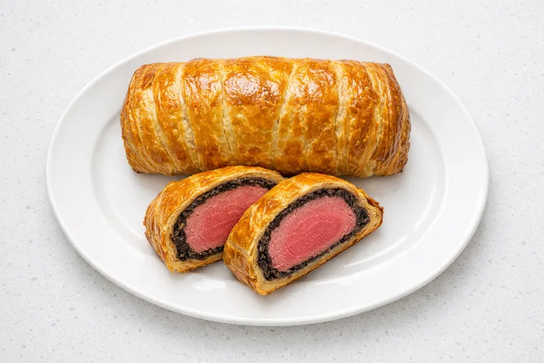 Sliced classic beef wellington on a white platter showing pink beef tenderloin wrapped in mushroom duxelles and golden puff pastry