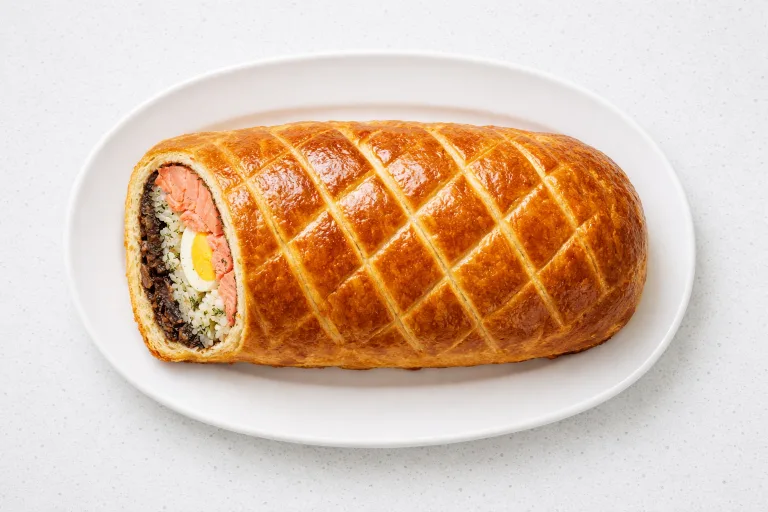 Sliced salmon coulibiac with golden brioche crust revealing layers of salmon, mushroom duxelles, and herbed rice on a white platter