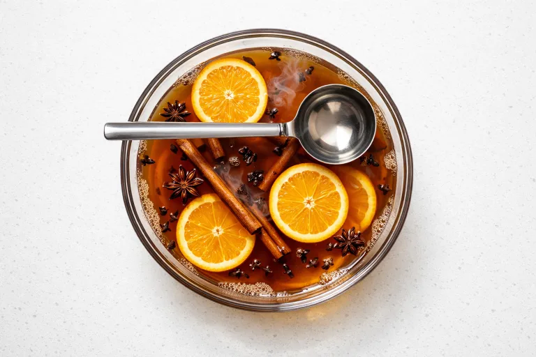 Slow cooker mulled cider in a glass punch bowl with orange slices and cinnamon sticks