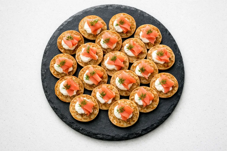 Smoked salmon blini topped with creme fraiche and dill on a slate serving board
